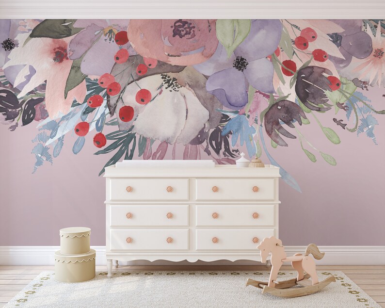 WILD SUMMER GARDEN Bouquet Lavender Pink Peonies & Blooms Wall Mural Watercolor Flowers Blossoms Wall Decals Peel and Stick Removable image 4