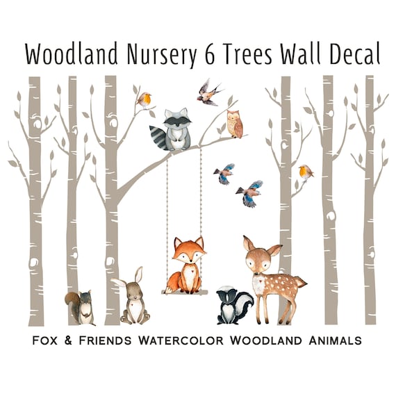 Woodland Nursery Wall Decor 6 Birch Trees Fox & Friends Fox Deer Owl  Squirrel Bunny Raccoon Birds Wall Decal Neutral Nursery Easy to Install -  Etsy