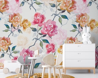 Removable WALLPAPER ANNALISE Peel and Stick Fabric Mural Pink Peony Floral Wall Botanical Watercolor Flowers Pink Nursery 0208
