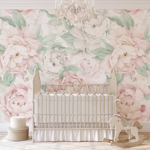 Removable WALLPAPER ADELINE Peel and Stick Fabric Mural Pink Peony Floral Wall Botanical Watercolor Flowers Pink Nursery 0128