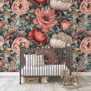Removable WALLPAPER EVERLEE M Peel and Stick Fabric Mural Red roses Peony Floral Wallpaper Botanical Watercolor Flowers Pink Nursery 0212M