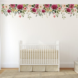 Jessica&#39;s Garden Wall DECAL Border Wall Mural Watercolor Flowers Blossoms Wall Vinyl Fabric Decals