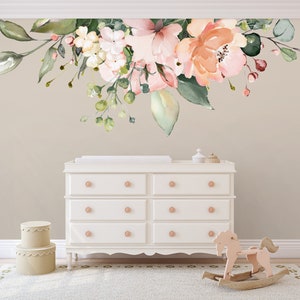 Rose Garden MAYA Pink Coral & White Watercolor Flowers Mural Decals Peonies Blooms Wall Mural Roses Flowers Blossoms Wall Decals