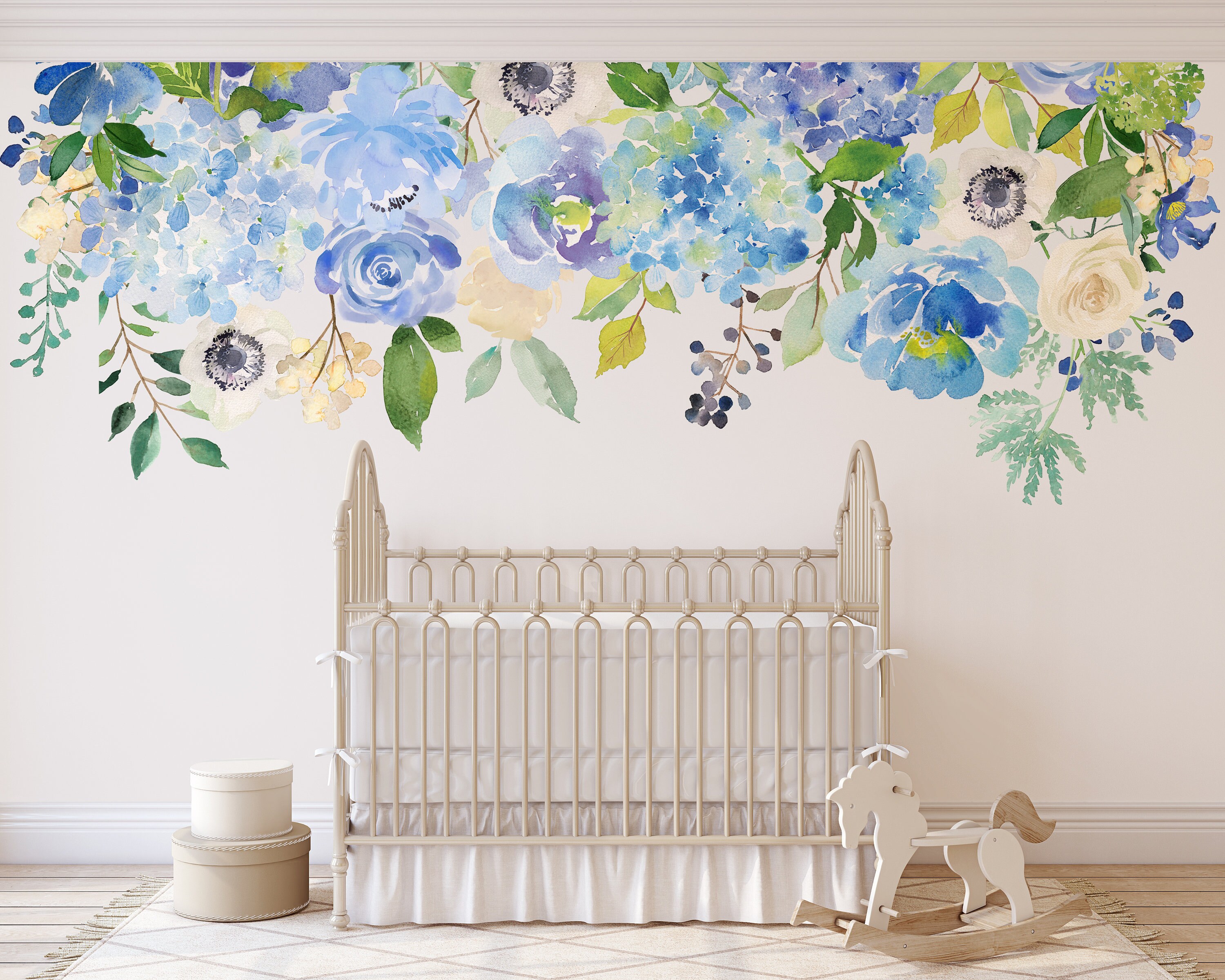 SERENITY CREEK Flower Wall Decal Blue Mint Lavender Watercolor Peonies Blooms Mural Floral Wall Vinyl Fabric Decals