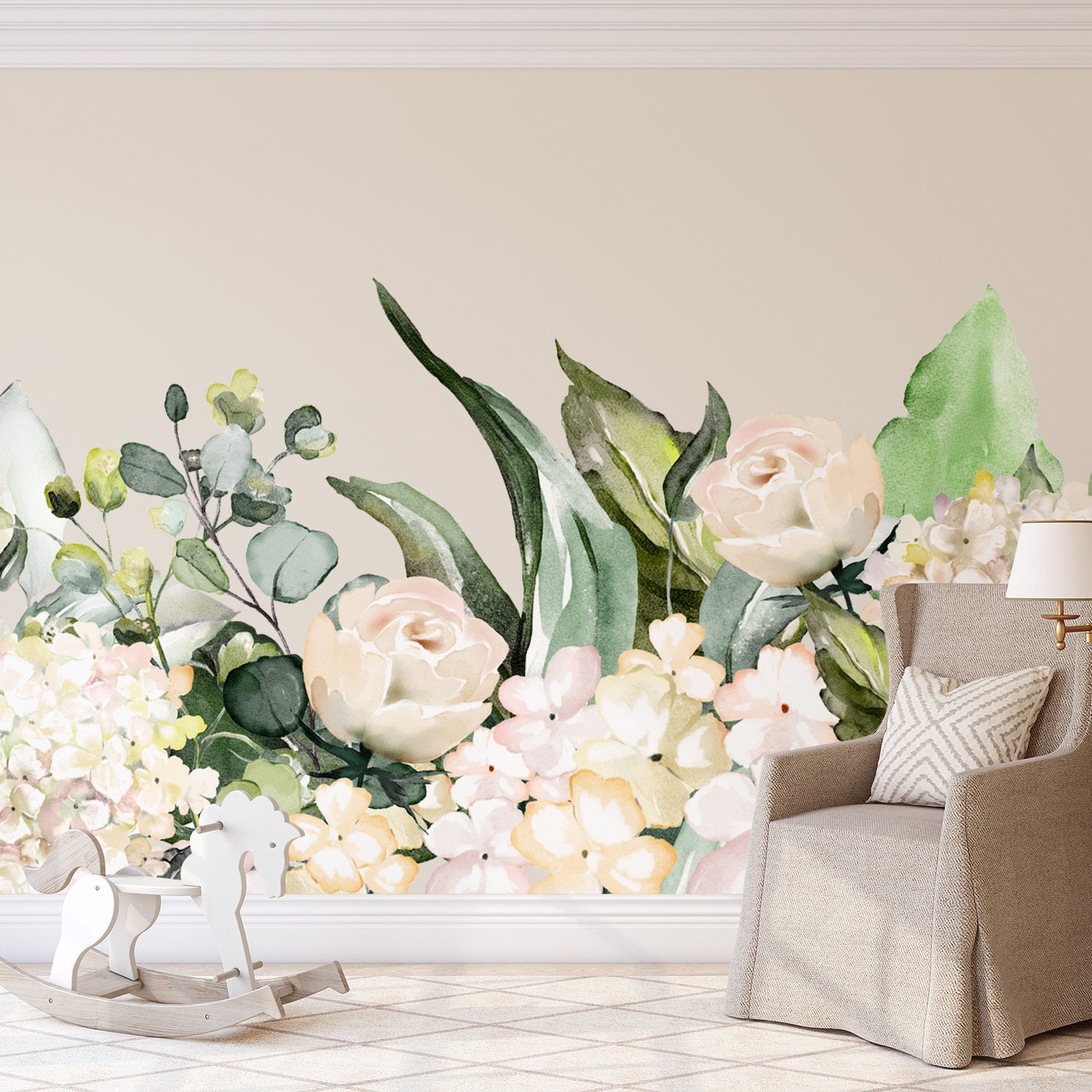 Floral Nursery Wall Decal Rose Garden | Removable CREAM Beige Peonies ...