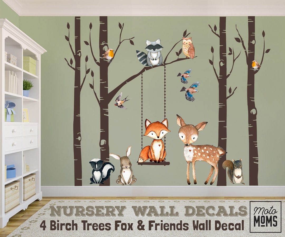 Woodland Nursery Wall Decor 4 Birch Trees Fox & Friends Fox Deer Owl ...