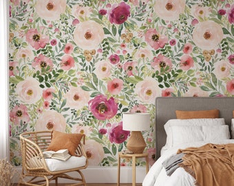 Removable WALLPAPER JESSICA S Peel & Stick CANVAS Mural Pink Peony Floral Wall Botanical Watercolor Flowers Pink Nursery 0190S