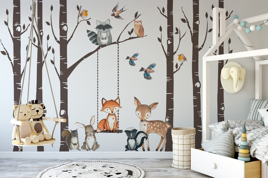 Woodland Nursery Wall Decor 6 Birch Trees Fox & Friends Fox Deer Owl ...