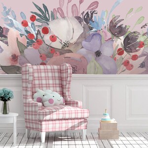 WILD SUMMER GARDEN Bouquet Lavender Pink Peonies & Blooms Wall Mural Watercolor Flowers Blossoms Wall Decals Peel and Stick Removable image 3