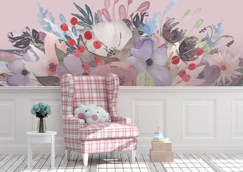 WILD SUMMER GARDEN Bouquet Lavender Pink Peonies & Blooms Wall Mural Watercolor Flowers Blossoms Wall Decals Peel and Stick Removable image 3
