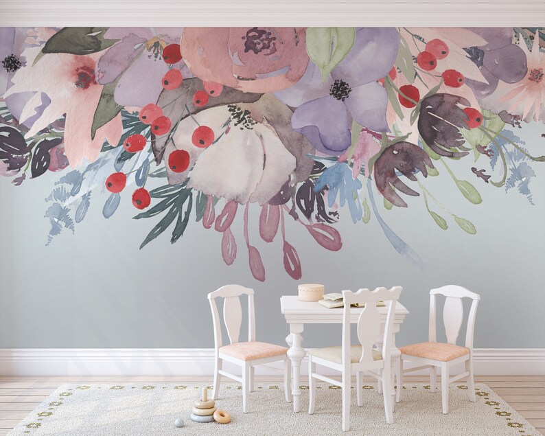 WILD SUMMER GARDEN Bouquet Lavender Pink Peonies & Blooms Wall Mural Watercolor Flowers Blossoms Wall Decals Peel and Stick Removable image 7