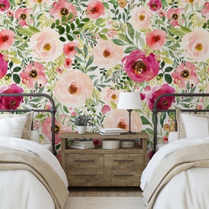 UNPASTED Wallpaper JESSICA Traditional Quality Wallpaper Mural Pink Peony Floral Wall Botanical Watercolor Flowers Pink Nursery 0190