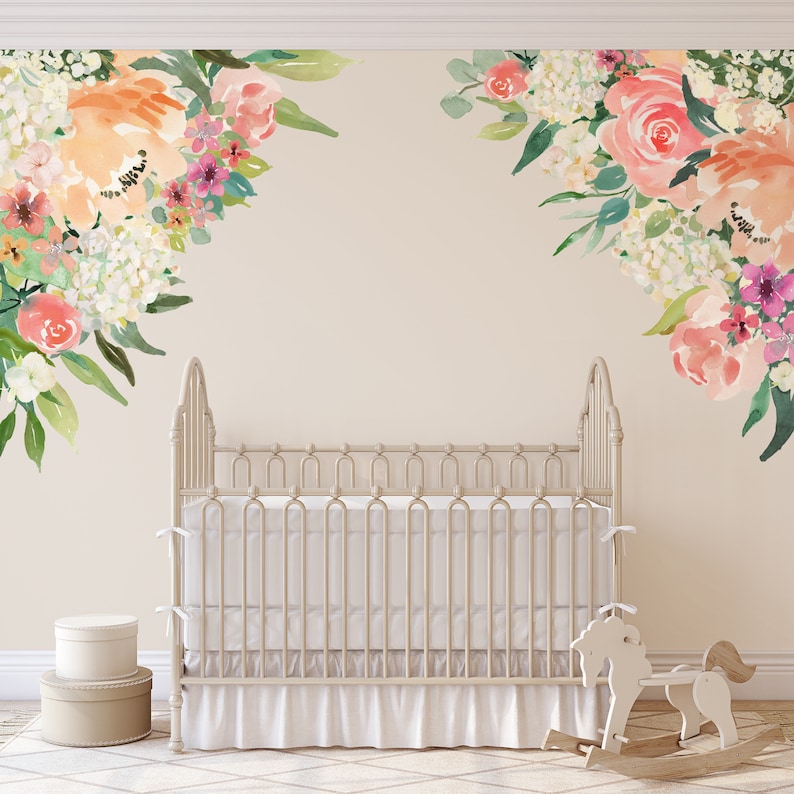 MEADOW Corners Watercolor Flowers Wall Decals Coral Pink Mint Etsy