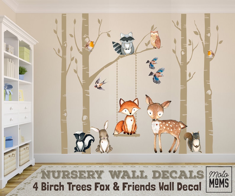 FABRIC Set Woodland Nursery Wall Décor 4 Birch Trees Fox & Etsy