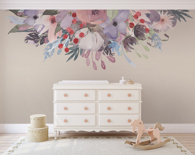 WILD SUMMER GARDEN Bouquet Lavender Pink Peonies & Blooms Wall Mural Watercolor Flowers Blossoms Wall Decals Peel and Stick Removable image 5