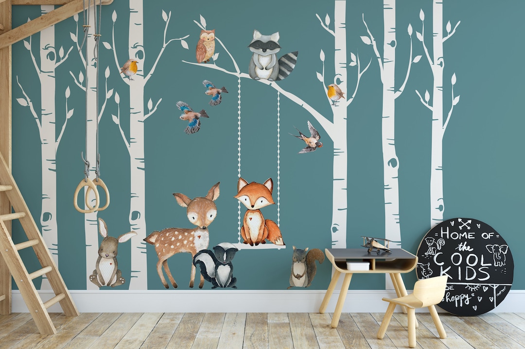 Woodland Nursery Wall Decor 6 Birch Trees Fox & Friends Fox Deer Owl ...