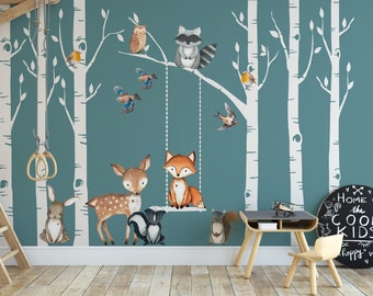 Woodland Nursery Wall Decor 6 Birch Trees Fox & Friends Fox Deer Owl Squirrel Bunny Raccoon Birds Wall Decal Neutral Nursery FABRIC Animals