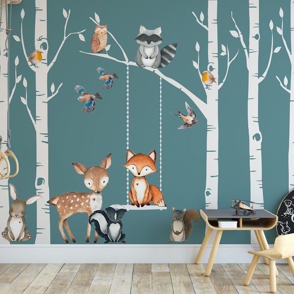 Wald-Kinderzimmer-Wanddekoration, 6 Birken, Fuchs und Freunde, Fuchs, Hirsch, Eule, Eichhörnchen, Hase, Waschbär, Vögel, Wandtattoo, neutrale Kinderzimmer-Stofftiere