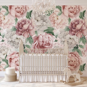 Removable WALLPAPER RACHEL Peel and Stick Fabric Mural Pink Peony Floral Wall Botanical Watercolor Flowers Pink Nursery 0127