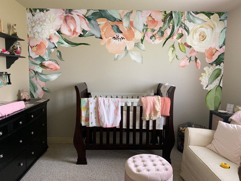 Rose Garden ASHLEY CANOPY Wall Floral Mural Pink & White Peonies Blooms ...