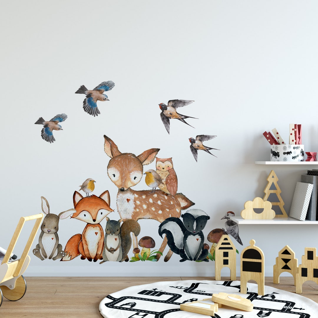 6 Woodland Animals 7 Birds Nursery Wall Decals Watercolor Fox Deer Owl ...