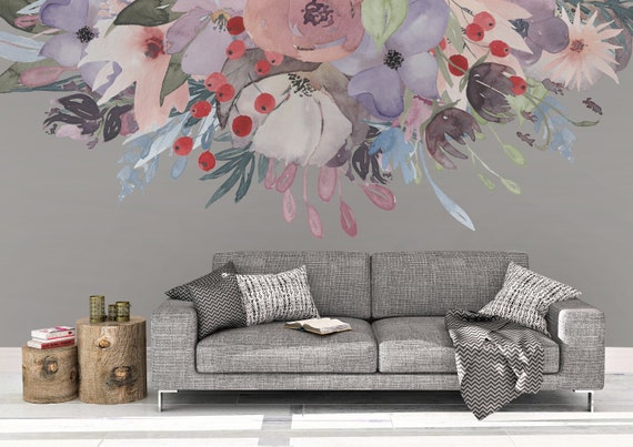 WILD SUMMER GARDEN Bouquet Lavender Pink Peonies & Blooms Wall Mural Watercolor Flowers Blossoms Wall Decals Peel and Stick Removable