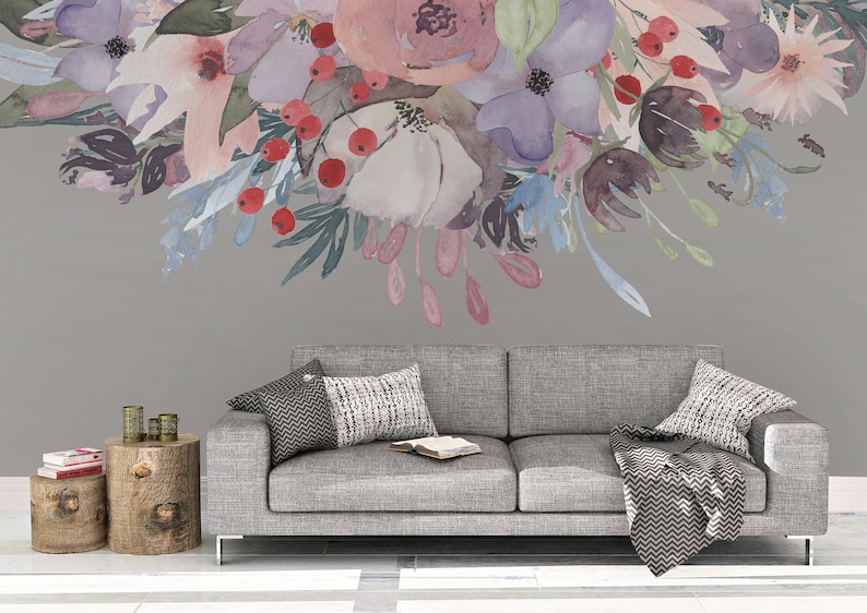 WILD SUMMER GARDEN Bouquet Lavender Pink Peonies & Blooms Wall Mural Watercolor Flowers Blossoms Wall Decals Peel and Stick Removable image 1