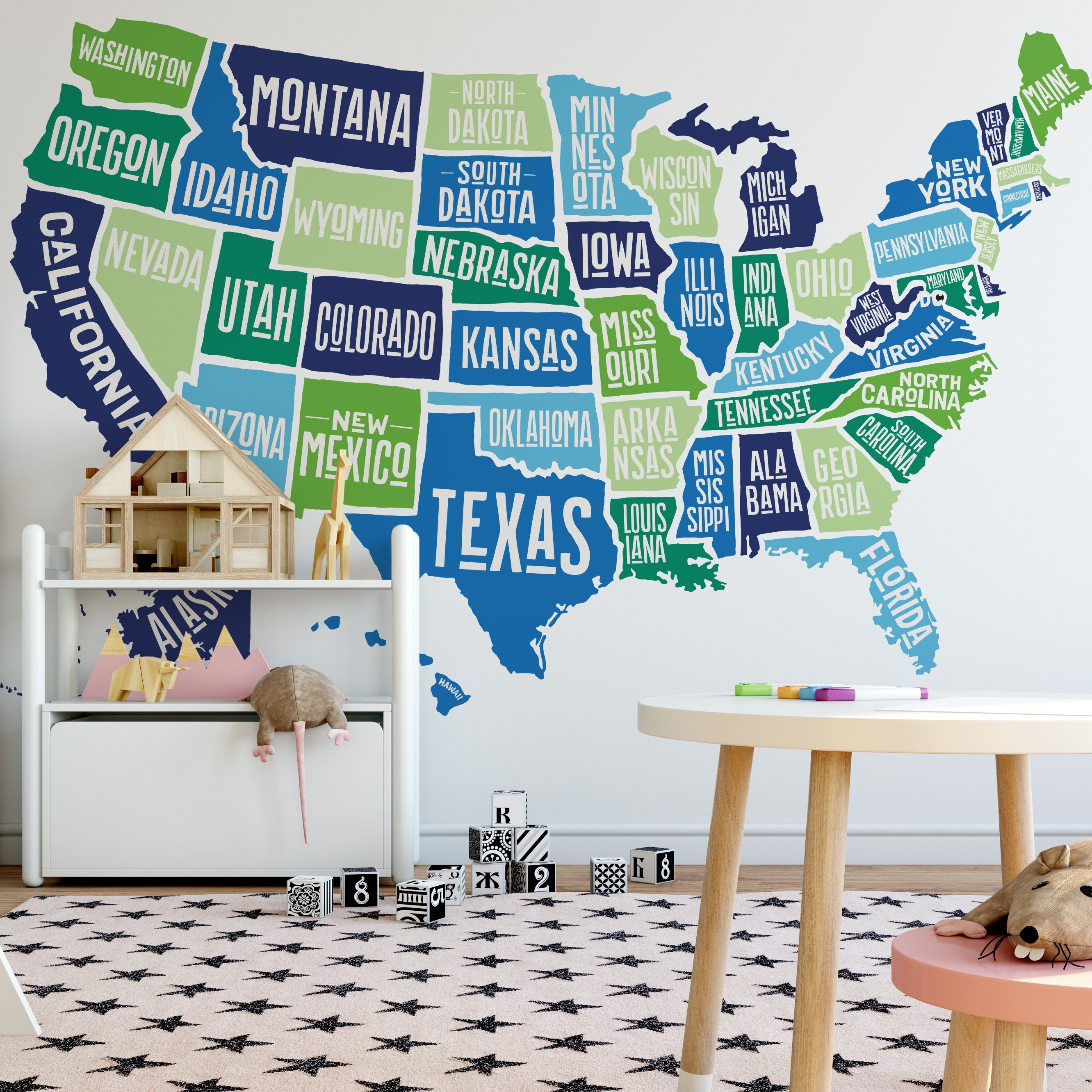 Wandtattoo Amerika KARTE | Kinderzimmer Dekor USA Karte Wanddekor abnehmbare Vinyl USA Karte Jungen Dekor amerikanische Karte Geographie
