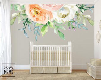 ABIGAIL Removable Watercolor Mural Flowers Wall Decals Pastel White Coral Pink Peonies Boho Nursery Vintage Peel and Stick Girls Nursery