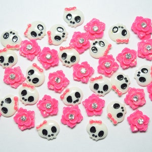 HOT PINK Skulls & Roses Tiny Flatback Cabochons for Nail Art, Crafts, Embellishment (G26)