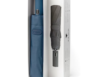Parapluie pliant bleu coupe-vent à ouverture automatique, parapluie de voyage avec poignée et boîte-cadeau