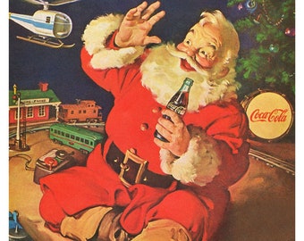 Coca Cola Santa Claus With Toys Around the Tree - Vintage 1962 Christmas Poster