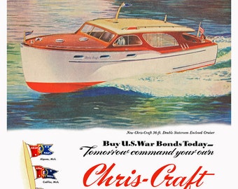 1945 WWII-era Vintage Poster Chris Craft Boats 36-ft Cruiser
