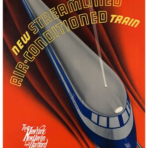 Póster publicitario vintage del avión Comet Streamliner de Nueva York y New Haven de 1935
