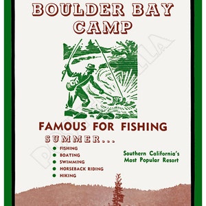 Campamento Boulder Bay - Cartel publicitario de la década de 1940, Big Bear Lake, California