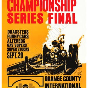 Cartel publicitario de la NHRA de la pista de carreras de dragsters del condado de Orange de 1970
