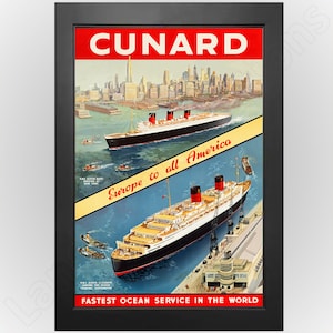Cunard Lines – Queen Mary & Elizabeth Ocean Liners in New York Travel Poster