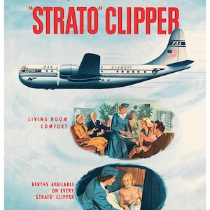 Póster publicitario de estilo vintage de la década de 1940 del Strato Clipper de Pan Am