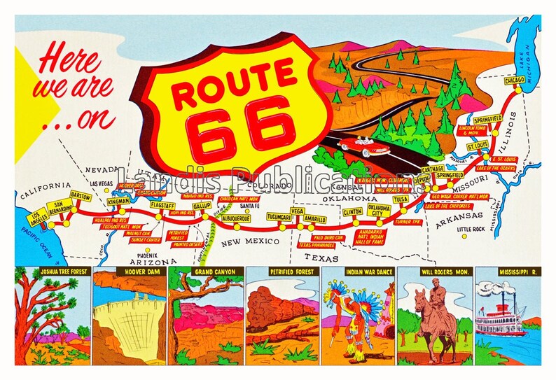1950's Route 66 U.S. Map Colorful Vintage Poster Etsy
