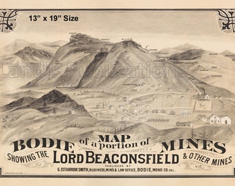 Bodie California Mining Map Litho Vintage Poster