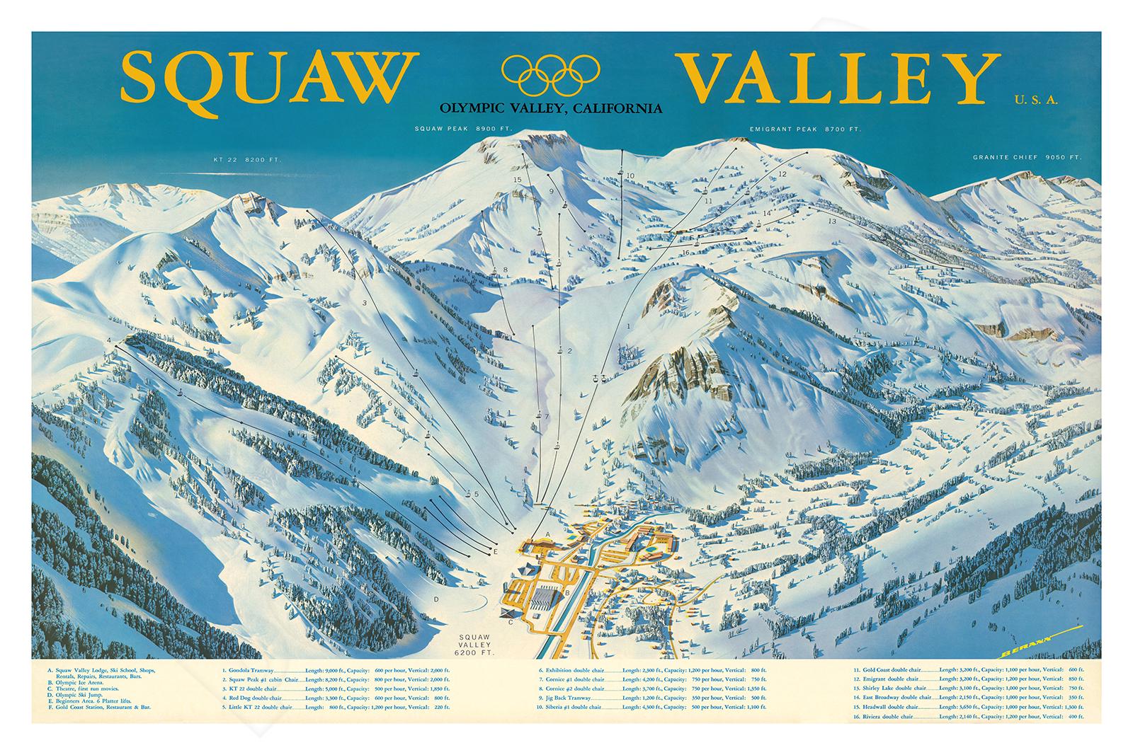 Squaw Valley Skiing Map 1960 – Lake Tahoe Vintage-Style Advertising Poster