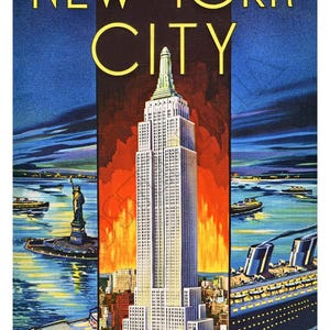 New York City with Statue of Liberty and Empire State Bldg 1930s Vintage-Style Poster
