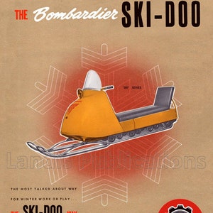 Cartel publicitario de estilo vintage de Ski-Doo Snowmobile, vehículo deportivo de invierno, 1964