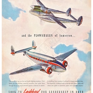 Póster publicitario de los aviones Lockheed P-38 Lightning y Lodestar de la Segunda Guerra Mundial de 1941