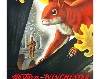 Vintage Style 1955 Western Winchester Squirrel Hunting Poster - 16x24 Inches - Reproduction On Matte Paper