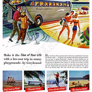 Cartel publicitario de invierno y verano de Greyhound Bus Lines, década de 1940