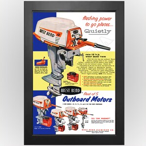 Póster publicitario vintage de motor fueraborda West Bend de 1956