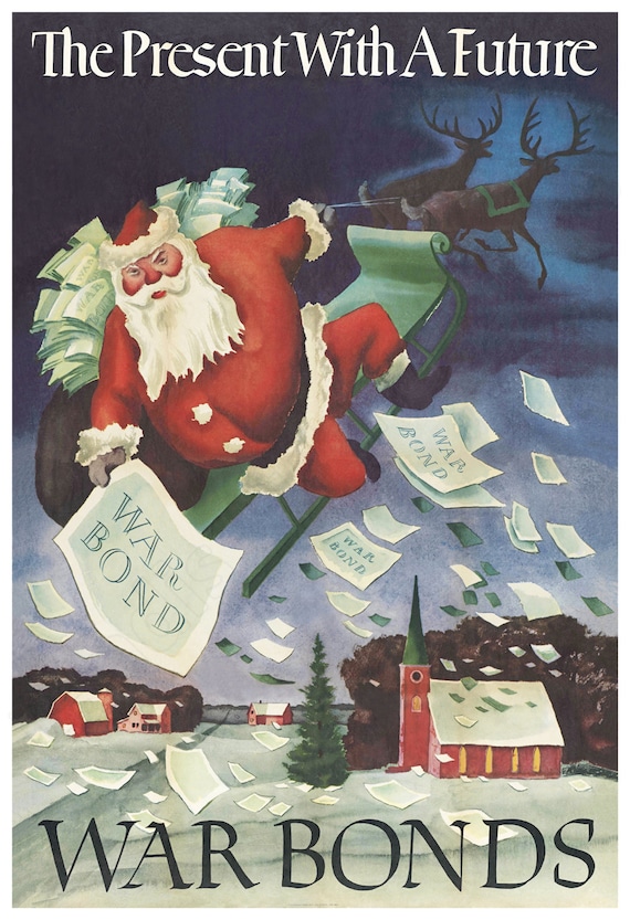 Santa Claus Christmas War Bonds 1942 WWII Vintage Poster -  Finland