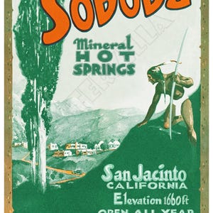Complejo termal de Soboba: cartel publicitario de estilo vintage de la década de 1930