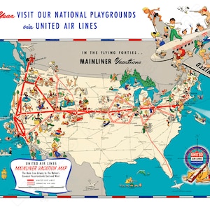 United Airlines Mainliner Vacation Map – 1940 Advertising Poster